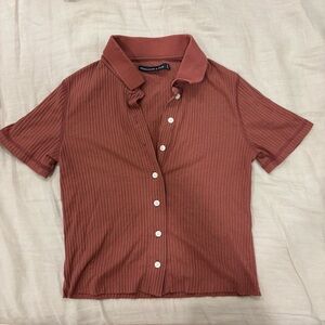 Pink Abercrombie Short Sleeve Fitted Crop Button Down Shirt